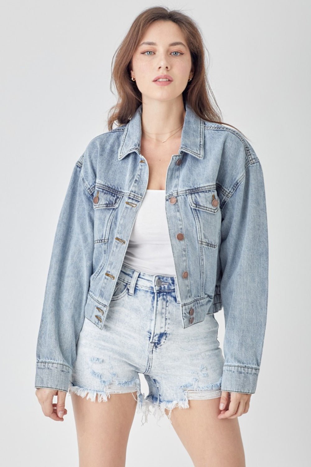 RISEN Full Size Button Down Cropped Denim Jacket - AnAs Market