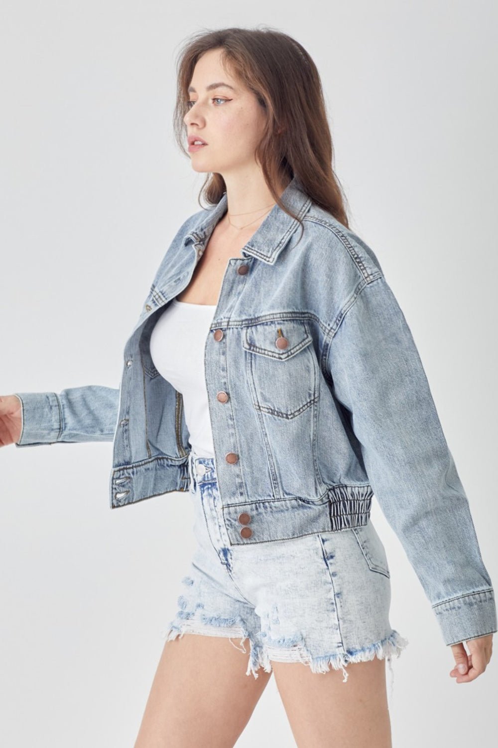 RISEN Full Size Button Down Cropped Denim Jacket - AnAs Market