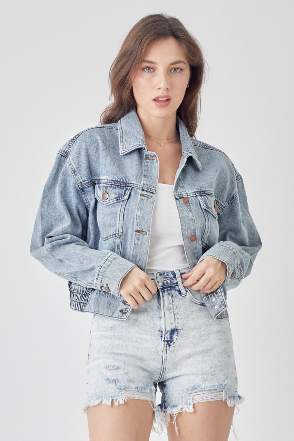 RISEN Full Size Button Down Cropped Denim Jacket - AnAs Market