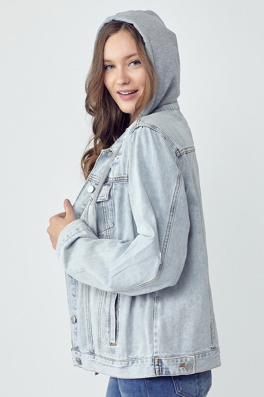 RISEN Full Size Distressed Drawstring Hooded Denim Jacket - S. M. & Co.