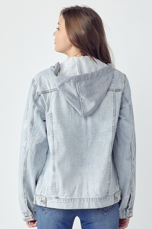 RISEN Full Size Distressed Drawstring Hooded Denim Jacket - S. M. & Co.