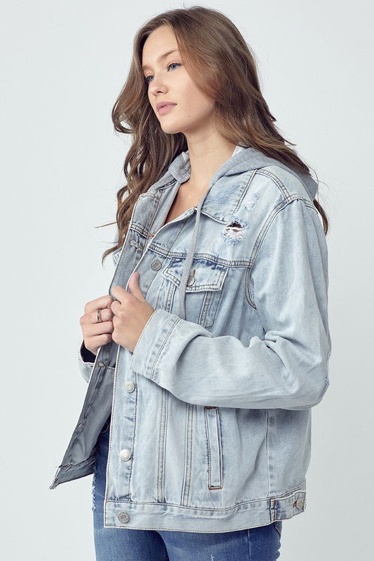 RISEN Full Size Distressed Drawstring Hooded Denim Jacket - S. M. & Co.