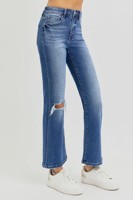 RISEN Full Size Distressed High Rise Crop Flare Jeans - S. M. & Co.