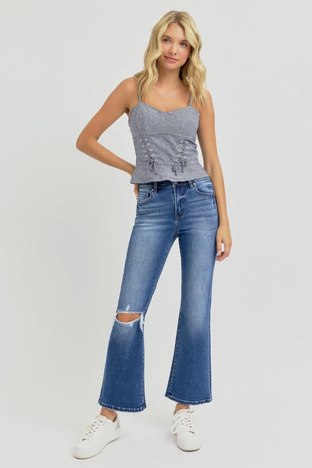 RISEN Full Size Distressed High Rise Crop Flare Jeans - S. M. & Co.