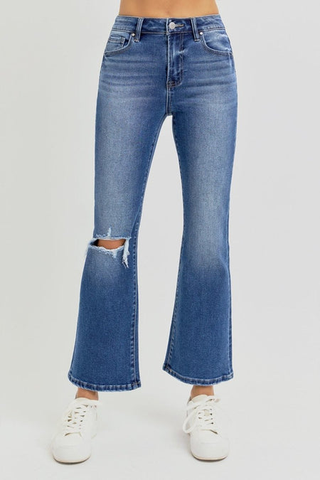 RISEN Full Size Distressed High Rise Crop Flare Jeans - S. M. & Co.