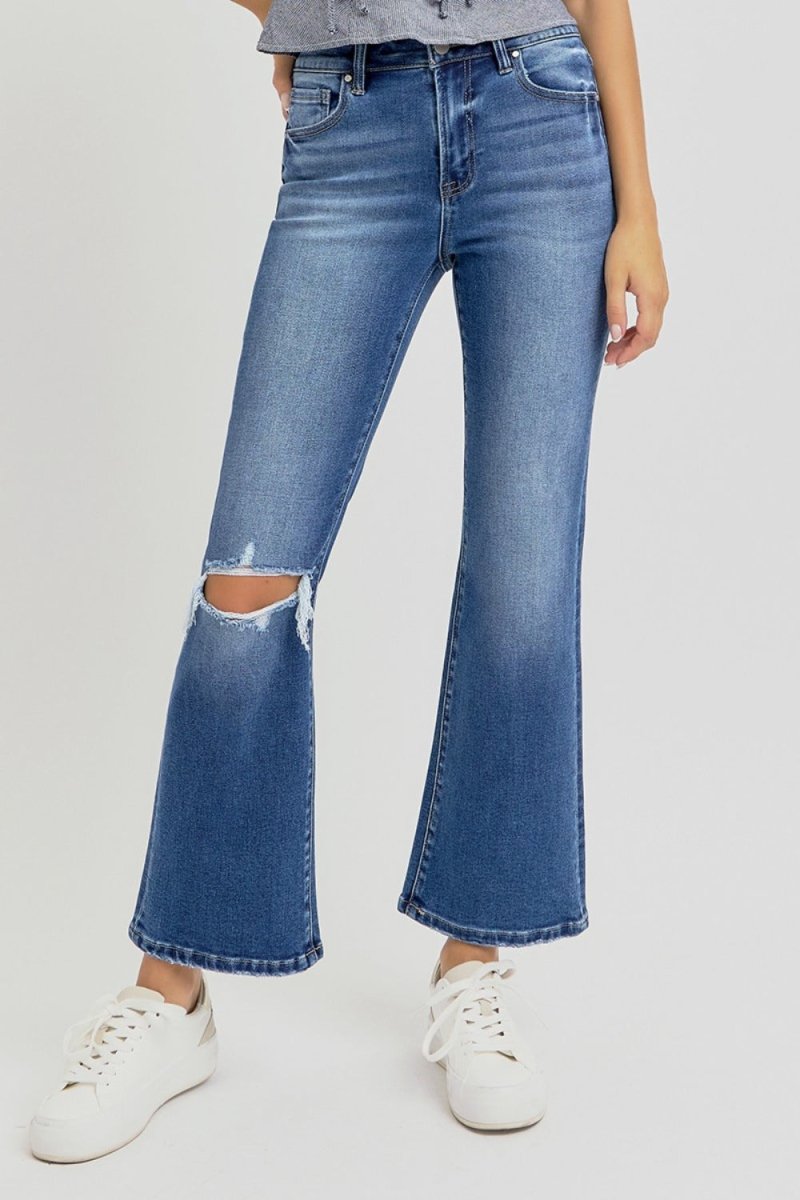 RISEN Full Size Distressed High Rise Crop Flare Jeans - S. M. & Co.