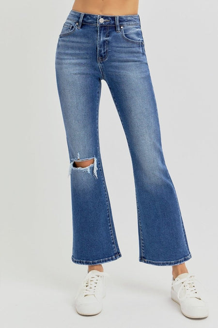 RISEN Full Size Distressed High Rise Crop Flare Jeans - S. M. & Co.