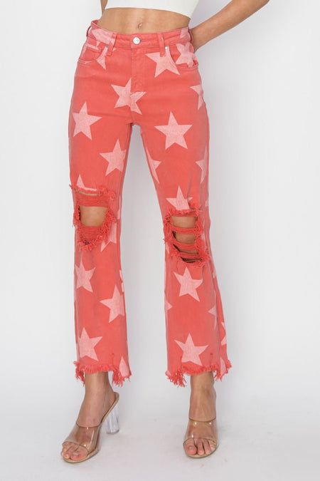 RISEN Full Size Distressed Raw Hem Star Pattern Jeans - AnAs Market