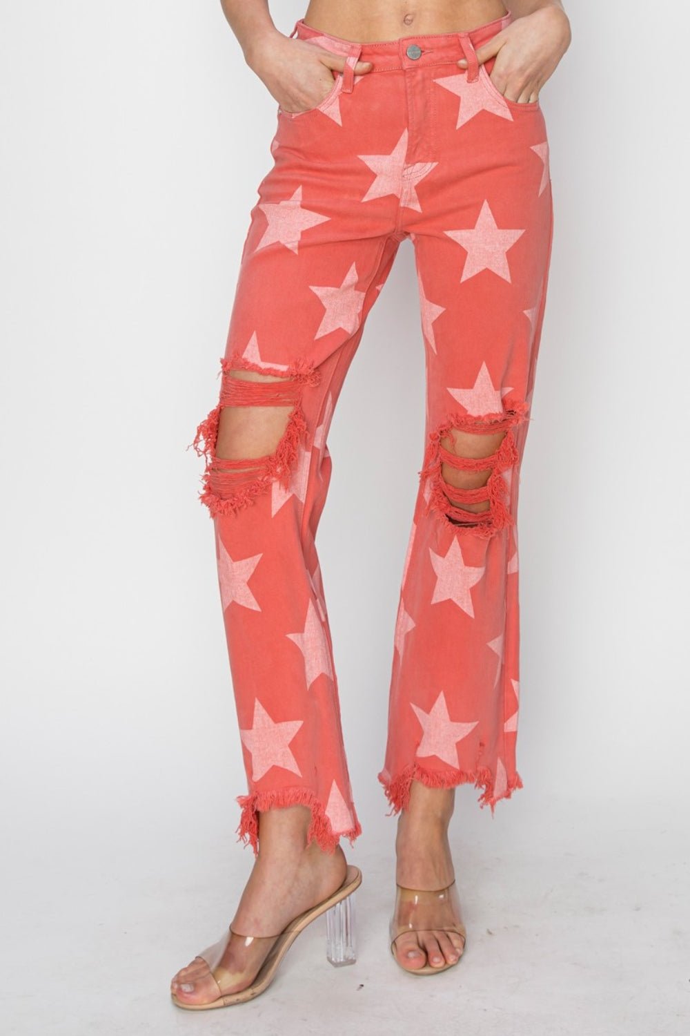 RISEN Full Size Distressed Raw Hem Star Pattern Jeans - AnAs Market