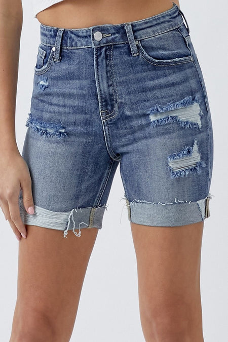 RISEN Full Size Distressed Rolled Denim Shorts with Pockets - AnAs Market