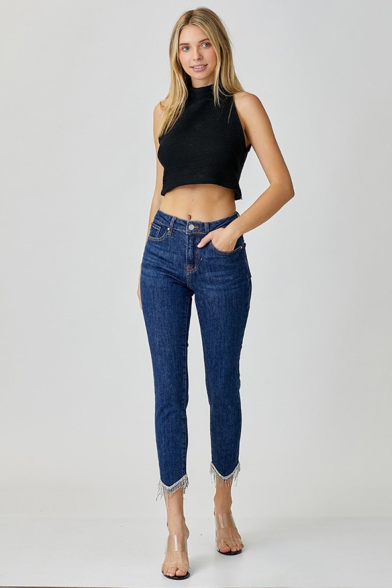 RISEN Full Size Embellished Mid Rise Crop Skinny Jeans - S. M. & Co.