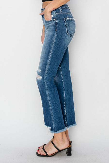 RISEN Full Size Frayed Step Hem Ankle Straight Jeans - S. M. & Co.