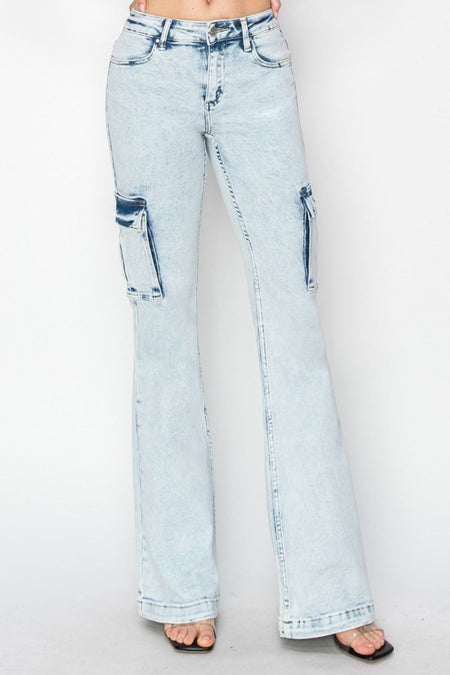 RISEN Full Size High Rise Cargo Flare Jeans - S. M. & Co.