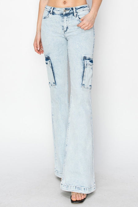 RISEN Full Size High Rise Cargo Flare Jeans - S. M. & Co.