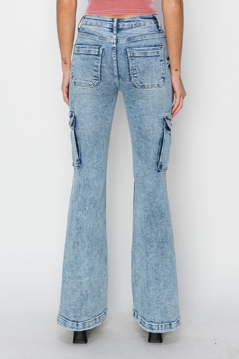 RISEN Full Size High Rise Cargo Flare Jeans - S. M. & Co.