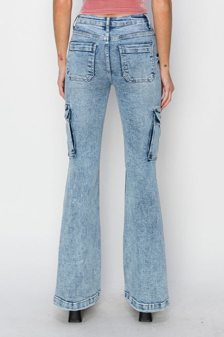 RISEN Full Size High Rise Cargo Flare Jeans - S. M. & Co.