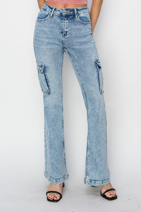 RISEN Full Size High Rise Cargo Flare Jeans - S. M. & Co.