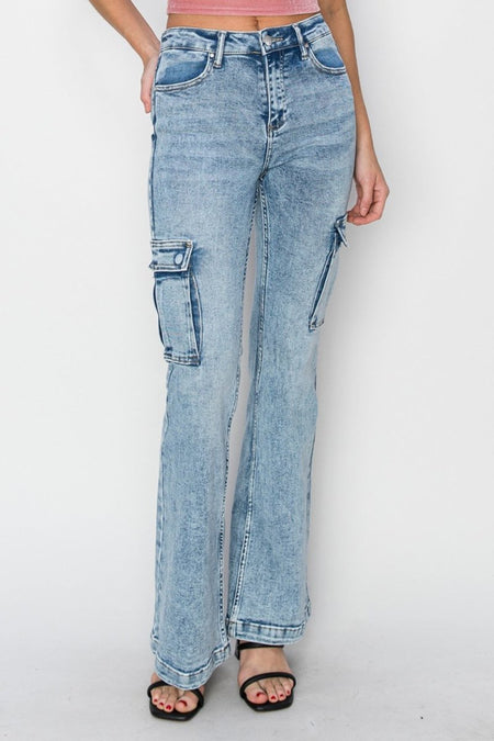 RISEN Full Size High Rise Cargo Flare Jeans - S. M. & Co.