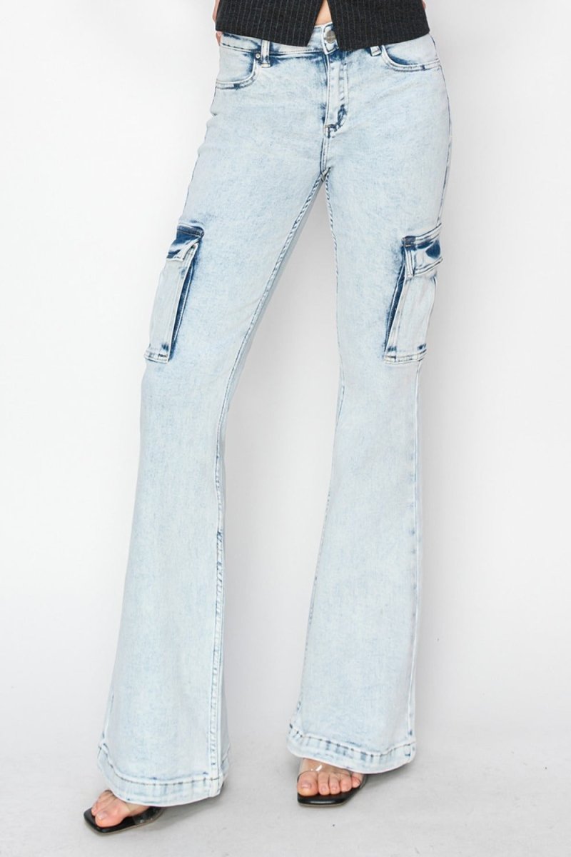 RISEN Full Size High Rise Cargo Flare Jeans - S. M. & Co.