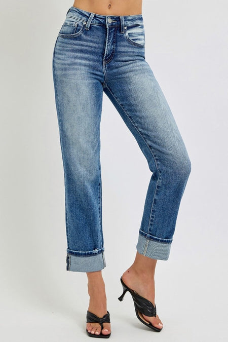 RISEN Full Size High Rise Crop Straight Roll Up Jeans - S. M. & Co.