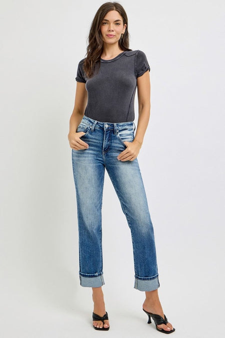 RISEN Full Size High Rise Crop Straight Roll Up Jeans - S. M. & Co.