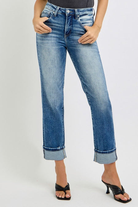 RISEN Full Size High Rise Crop Straight Roll Up Jeans - S. M. & Co.