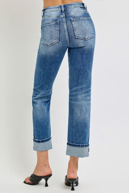 RISEN Full Size High Rise Crop Straight Roll Up Jeans - S. M. & Co.