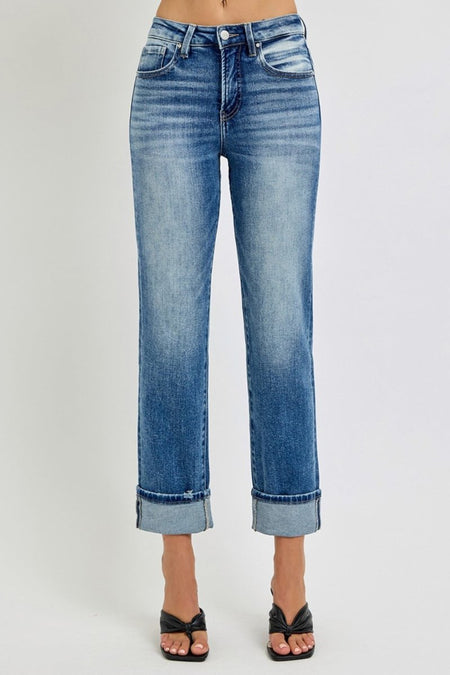 RISEN Full Size High Rise Crop Straight Roll Up Jeans - S. M. & Co.