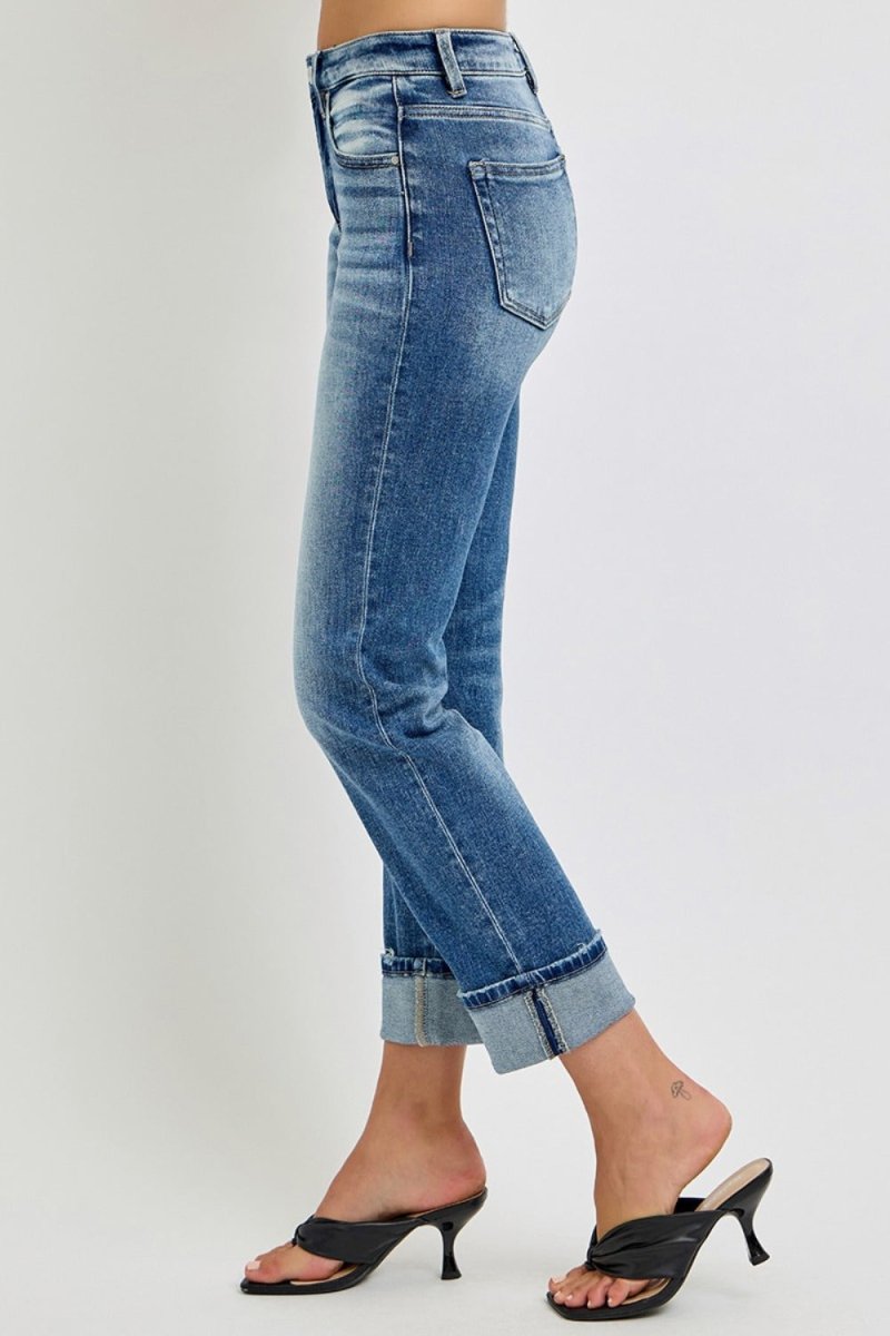 RISEN Full Size High Rise Crop Straight Roll Up Jeans - S. M. & Co.