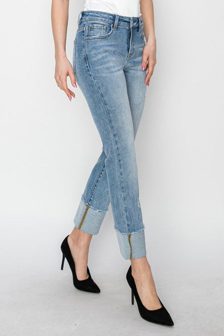 RISEN Full Size High Rise Cuffed Slim Straight Jeans - S. M. & Co.