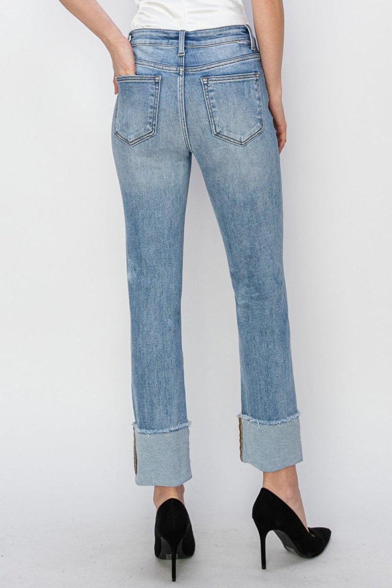 RISEN Full Size High Rise Cuffed Slim Straight Jeans - S. M. & Co.