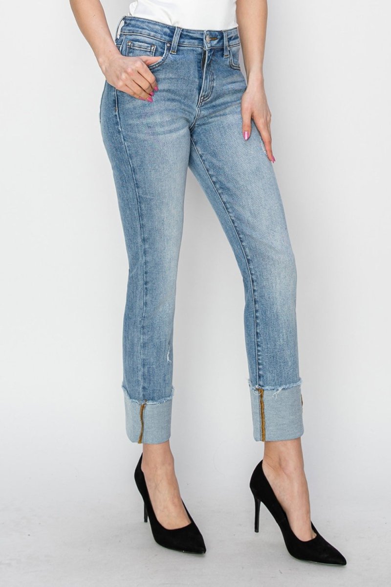 RISEN Full Size High Rise Cuffed Slim Straight Jeans - S. M. & Co.