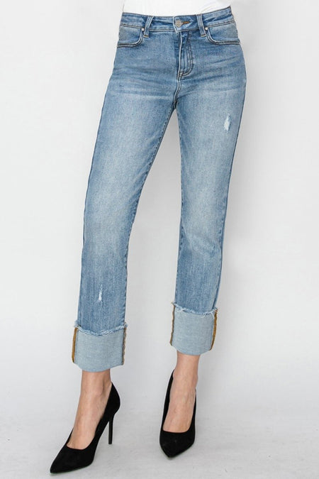 RISEN Full Size High Rise Cuffed Slim Straight Jeans - S. M. & Co.