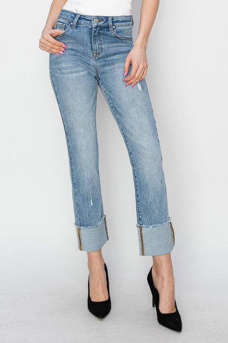 RISEN Full Size High Rise Cuffed Slim Straight Jeans - S. M. & Co.