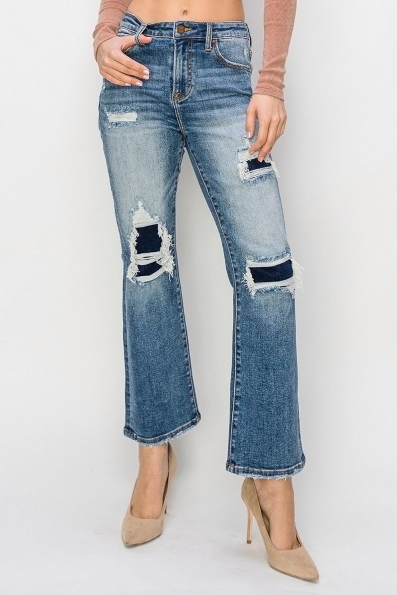 Risen Full Size High Rise Distressed Ankle Flare Jeans - S. M. & Co.