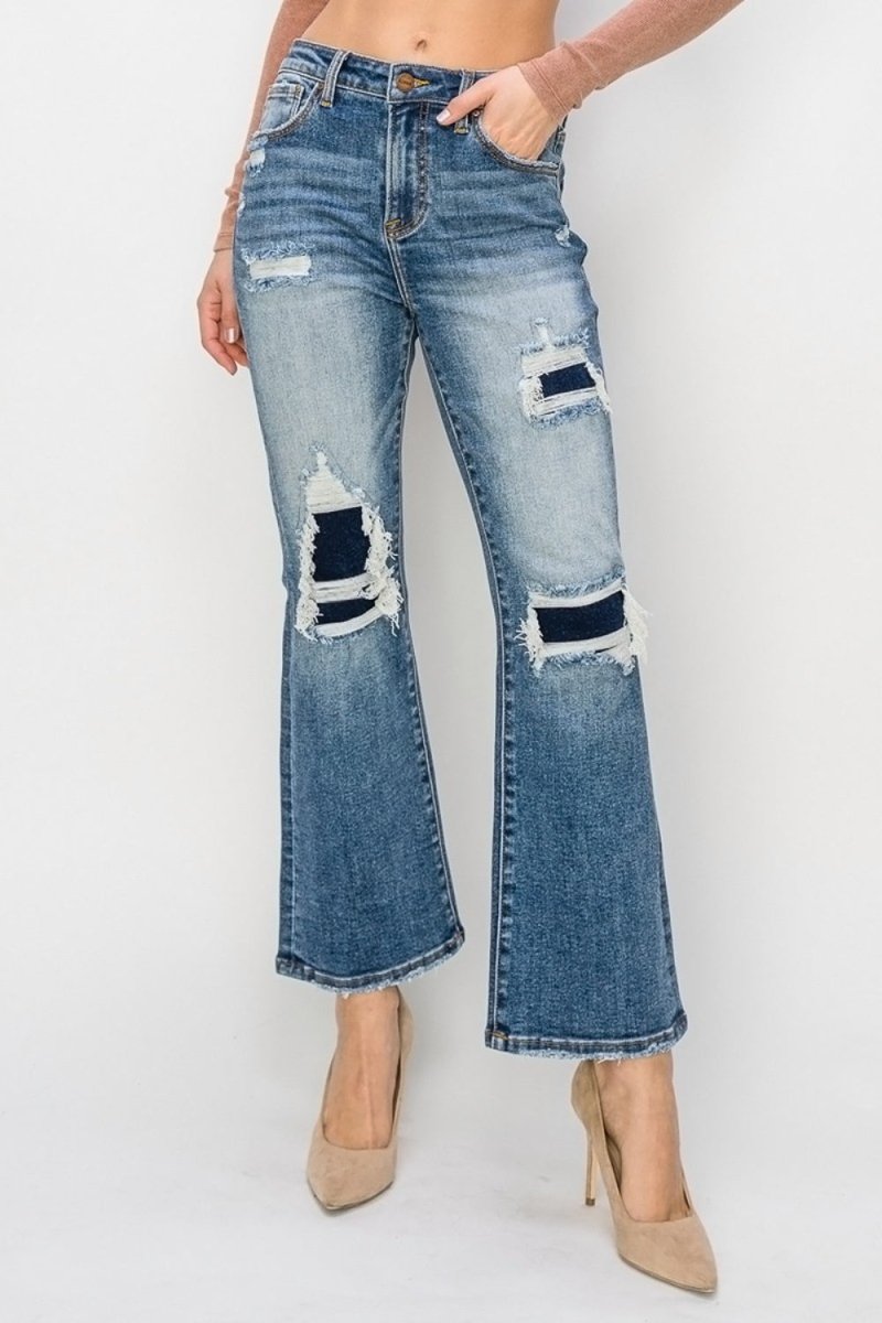 Risen Full Size High Rise Distressed Ankle Flare Jeans - S. M. & Co.