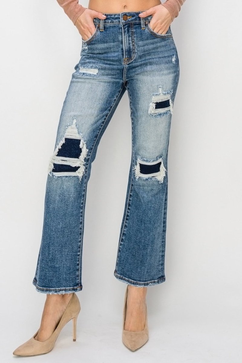 Risen Full Size High Rise Distressed Ankle Flare Jeans - S. M. & Co.