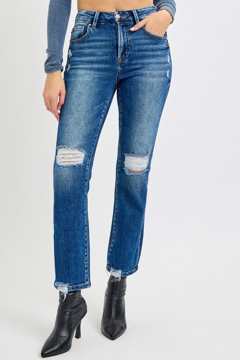 RISEN Full Size High Rise Distressed Crop Straight Jeans - S. M. & Co.