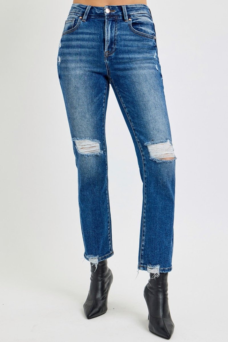 RISEN Full Size High Rise Distressed Crop Straight Jeans - S. M. & Co.