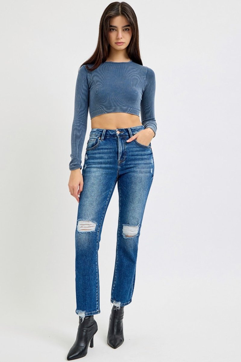 RISEN Full Size High Rise Distressed Crop Straight Jeans - S. M. & Co.