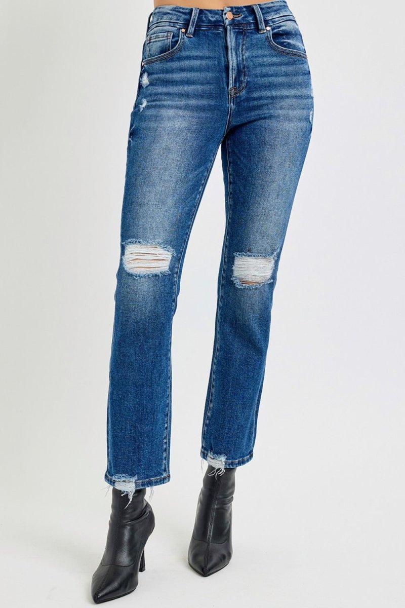 RISEN Full Size High Rise Distressed Crop Straight Jeans - S. M. & Co.