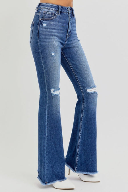 RISEN Full Size High Rise Distressed Raw Hem Flare Jeans - S. M. & Co.