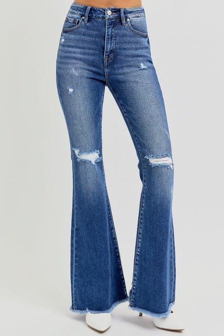 RISEN Full Size High Rise Distressed Raw Hem Flare Jeans - S. M. & Co.