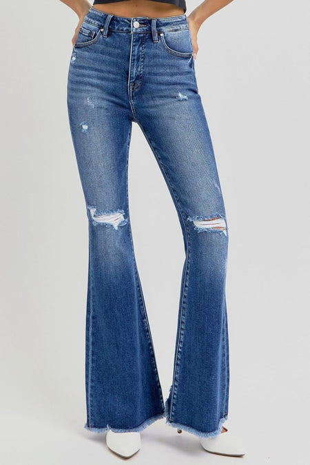 RISEN Full Size High Rise Distressed Raw Hem Flare Jeans - S. M. & Co.