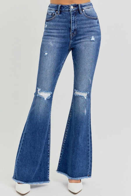 RISEN Full Size High Rise Distressed Raw Hem Flare Jeans - S. M. & Co.