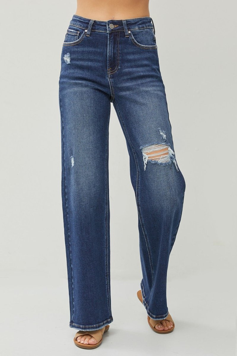 RISEN Full Size High Rise Distressed Wide Leg Jeans - S. M. & Co.