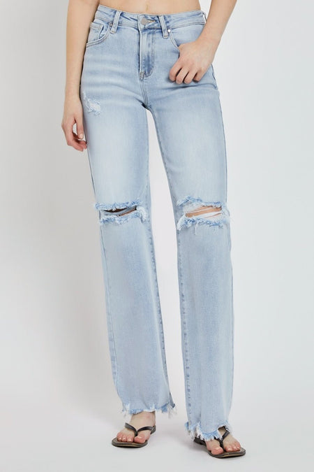 Risen Full Size High Rise Distressed Wide Leg Jeans - S. M. & Co.