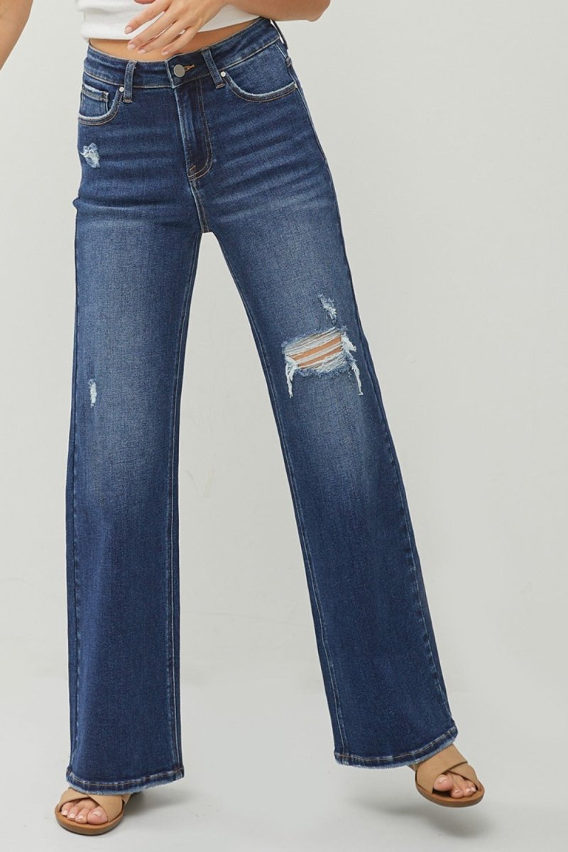 RISEN Full Size High Rise Distressed Wide Leg Jeans - S. M. & Co.