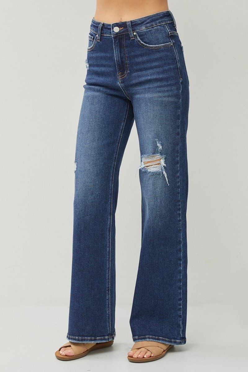 RISEN Full Size High Rise Distressed Wide Leg Jeans - S. M. & Co.