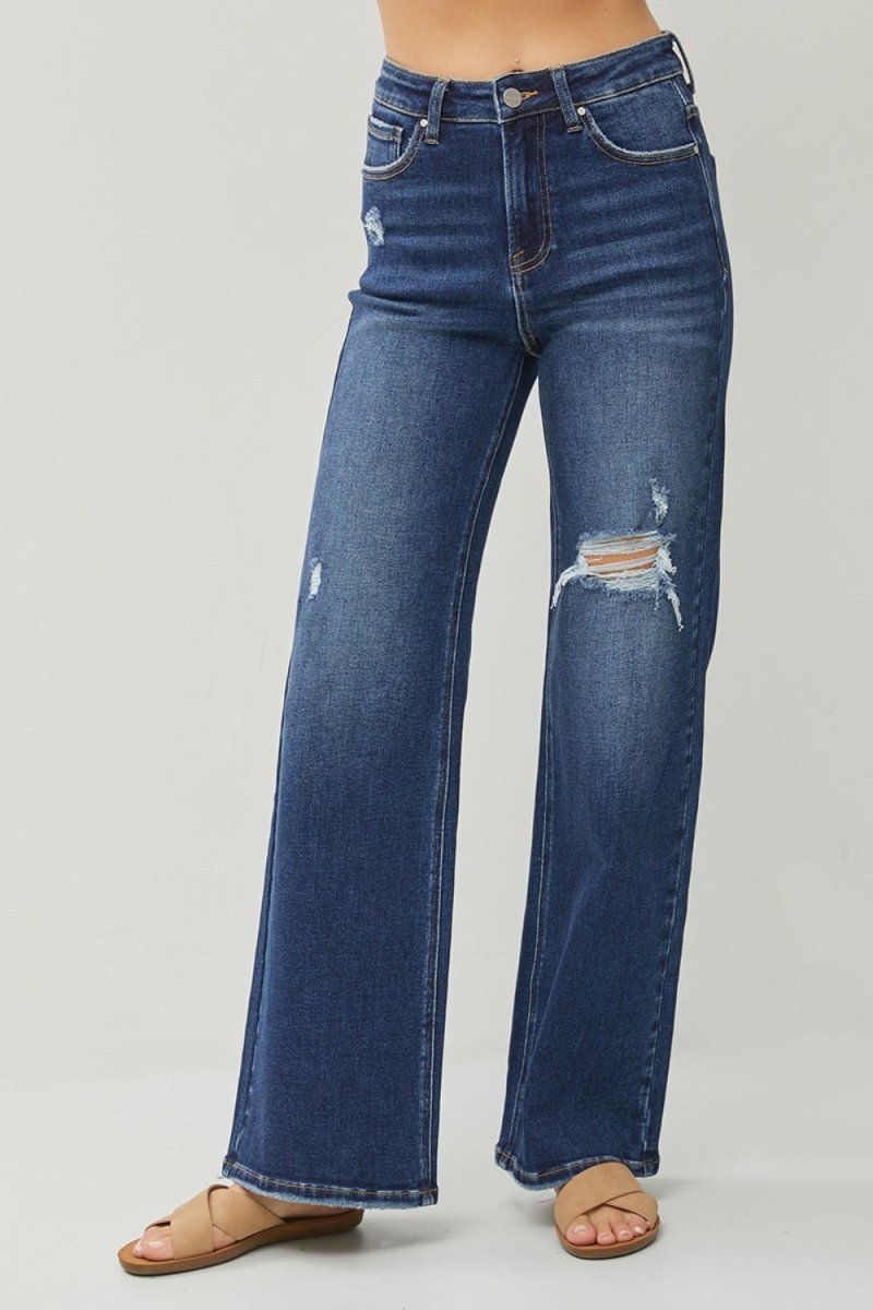 RISEN Full Size High Rise Distressed Wide Leg Jeans - S. M. & Co.